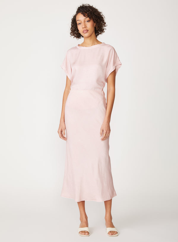 pink satin midi skirt