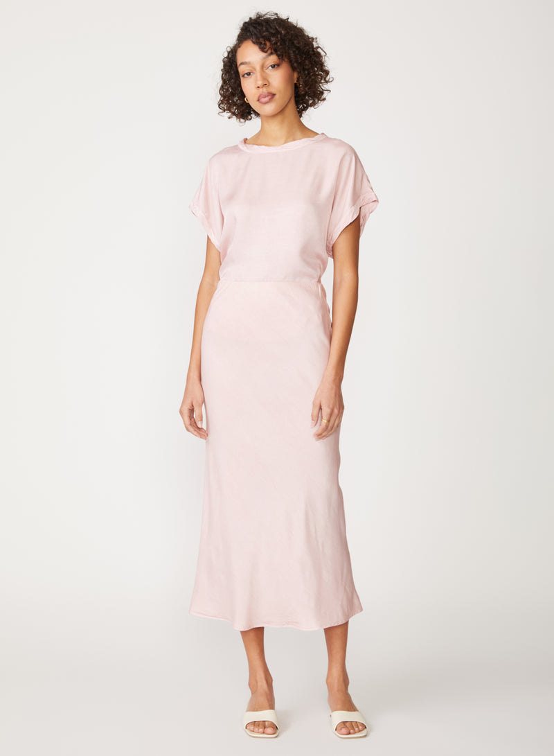 pink satin midi skirt