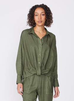 green viscose satin twist front shirt