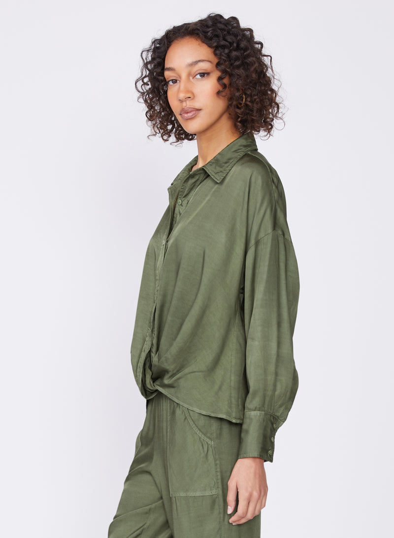 green viscose satin twist front shirt