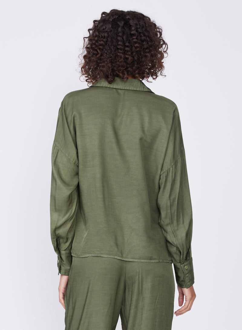 green viscose satin twist front shirt
