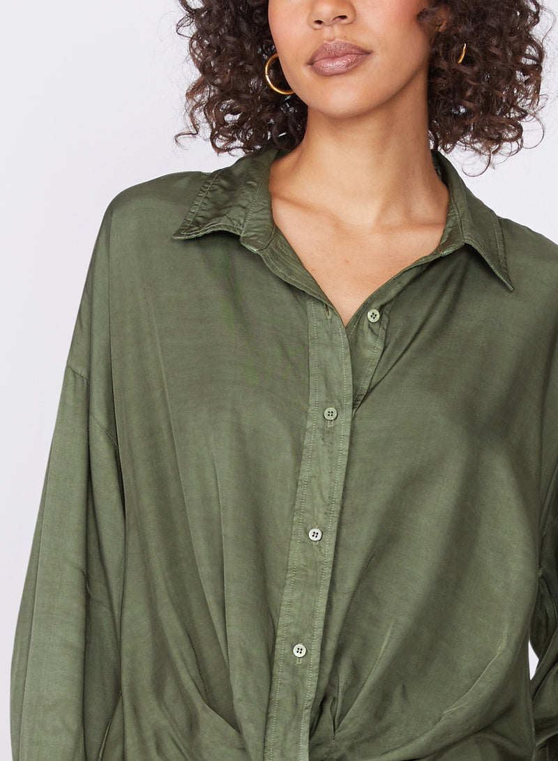 green viscose satin twist front shirt