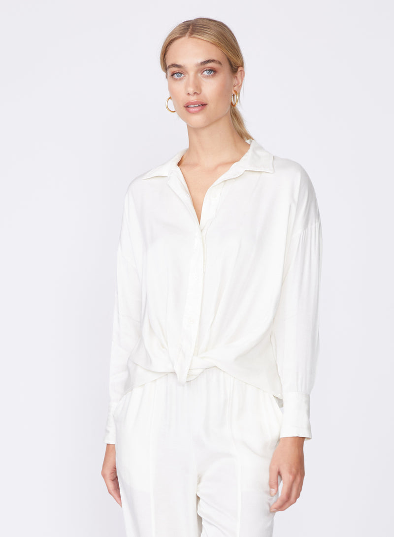 cream viscose satin twist front shirt