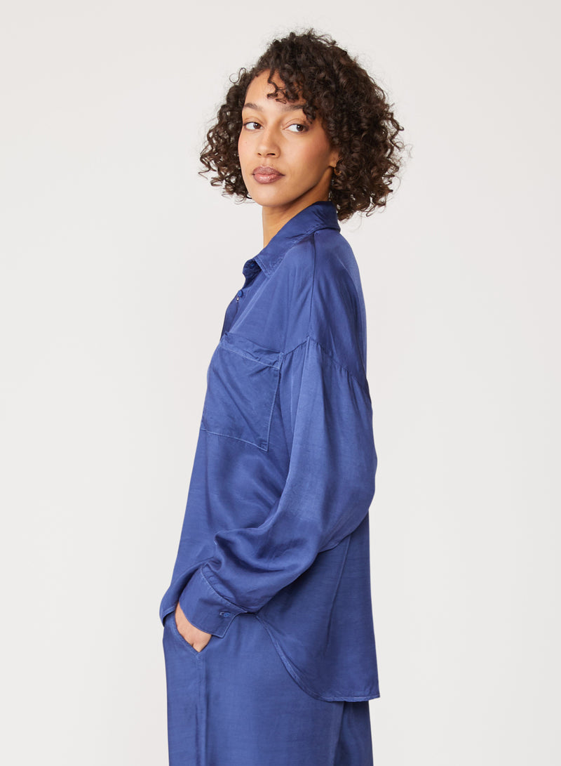 blue satin oversized shirt