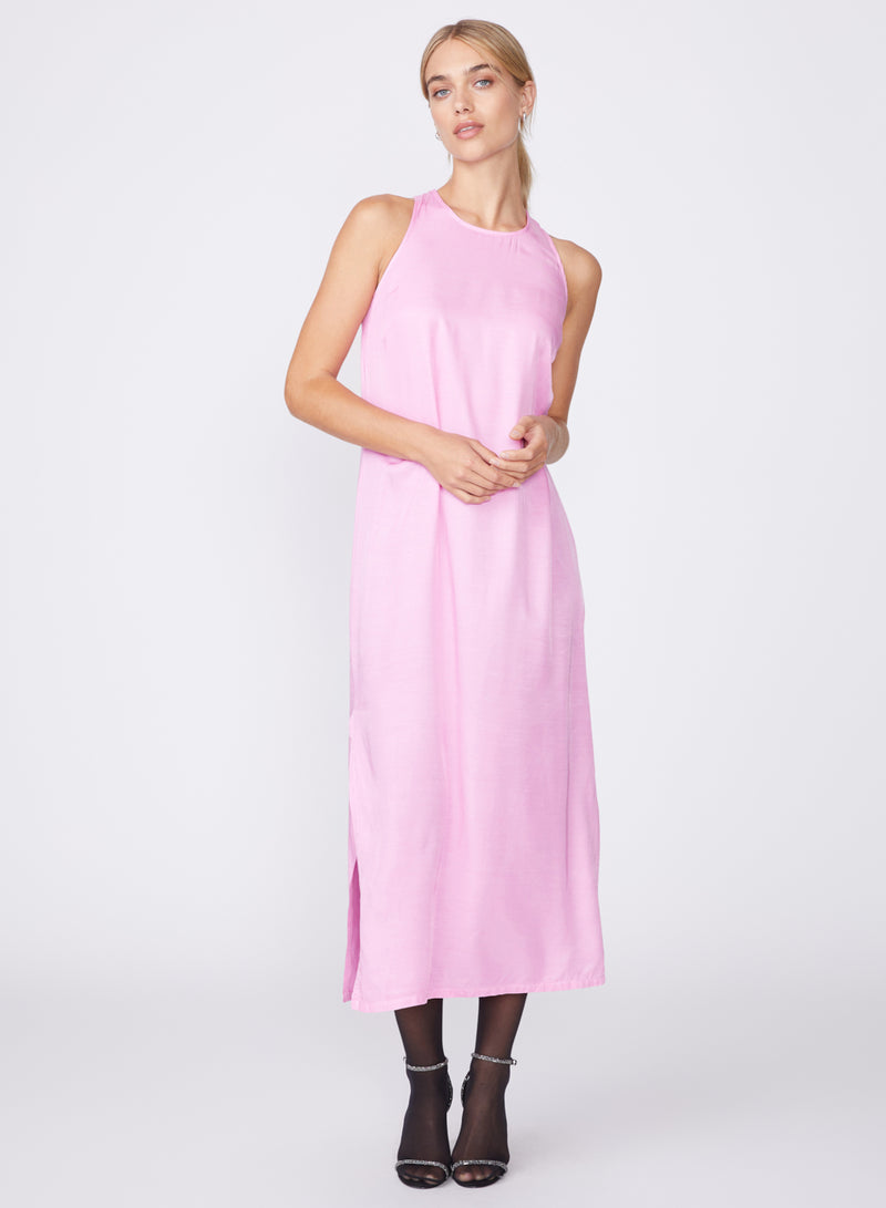pink viscose satin twist-back maxi dress