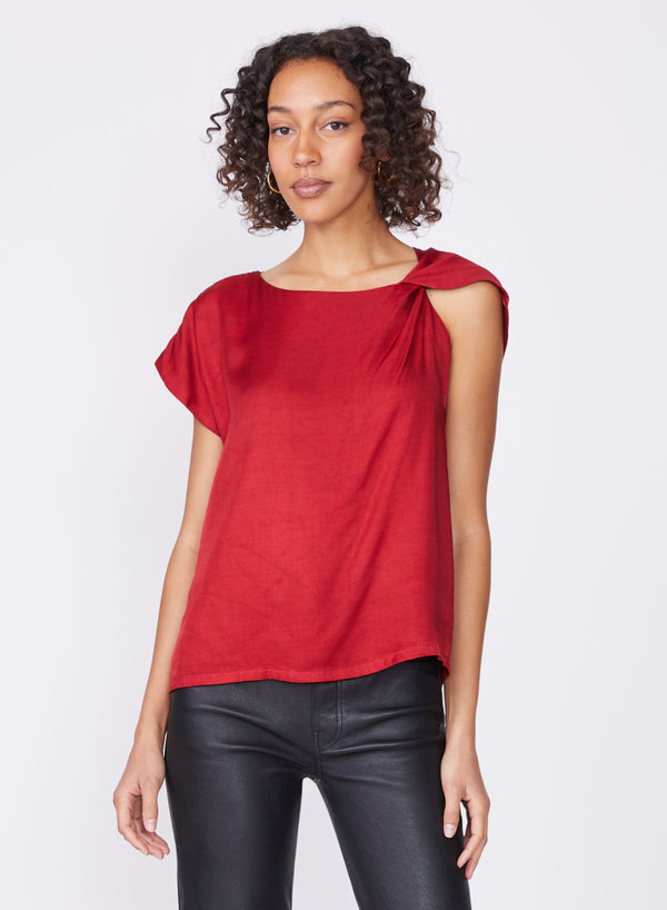 red viscose satin shoulder-twist top