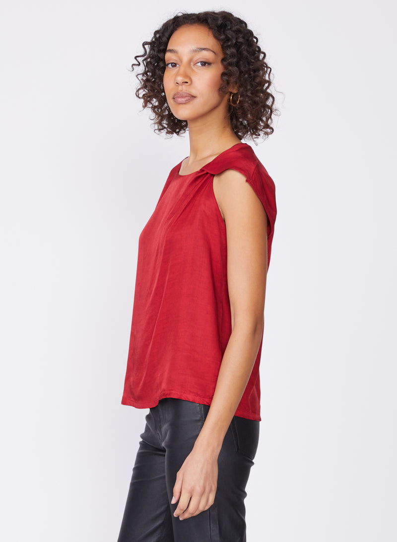 red viscose satin shoulder-twist top