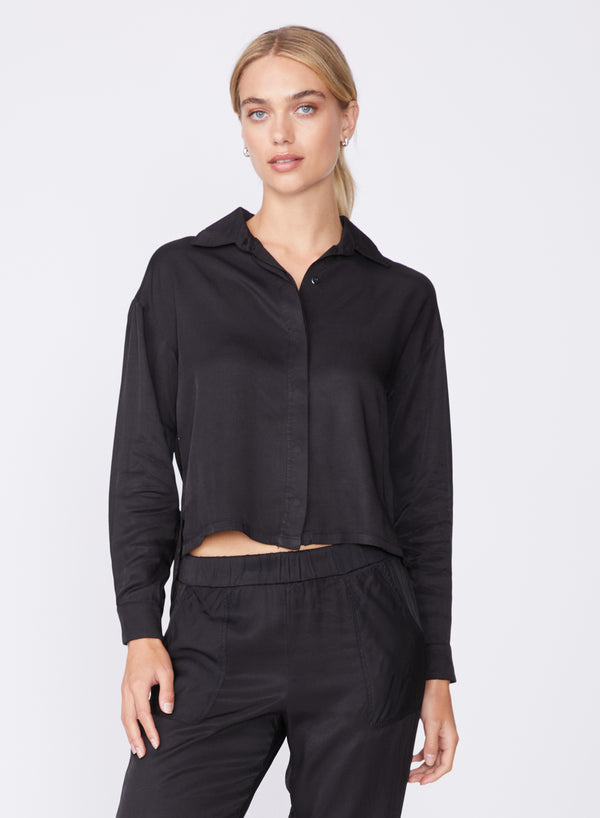 black viscose satin shirt-tail hem shirt