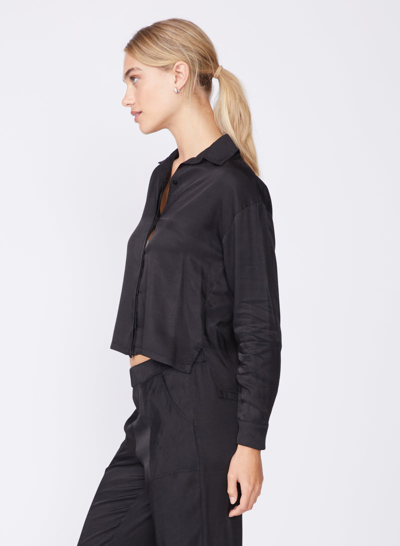 black viscose satin shirt-tail hem shirt