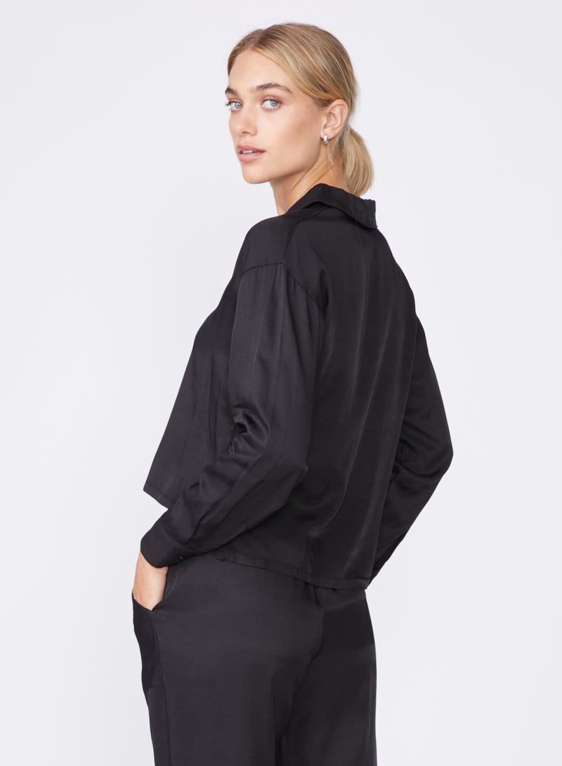 black viscose satin shirt-tail hem shirt