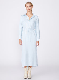 light blue viscose satin henley maxi dress