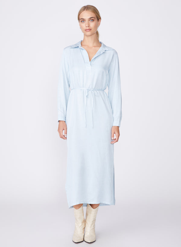 light blue viscose satin henley maxi dress