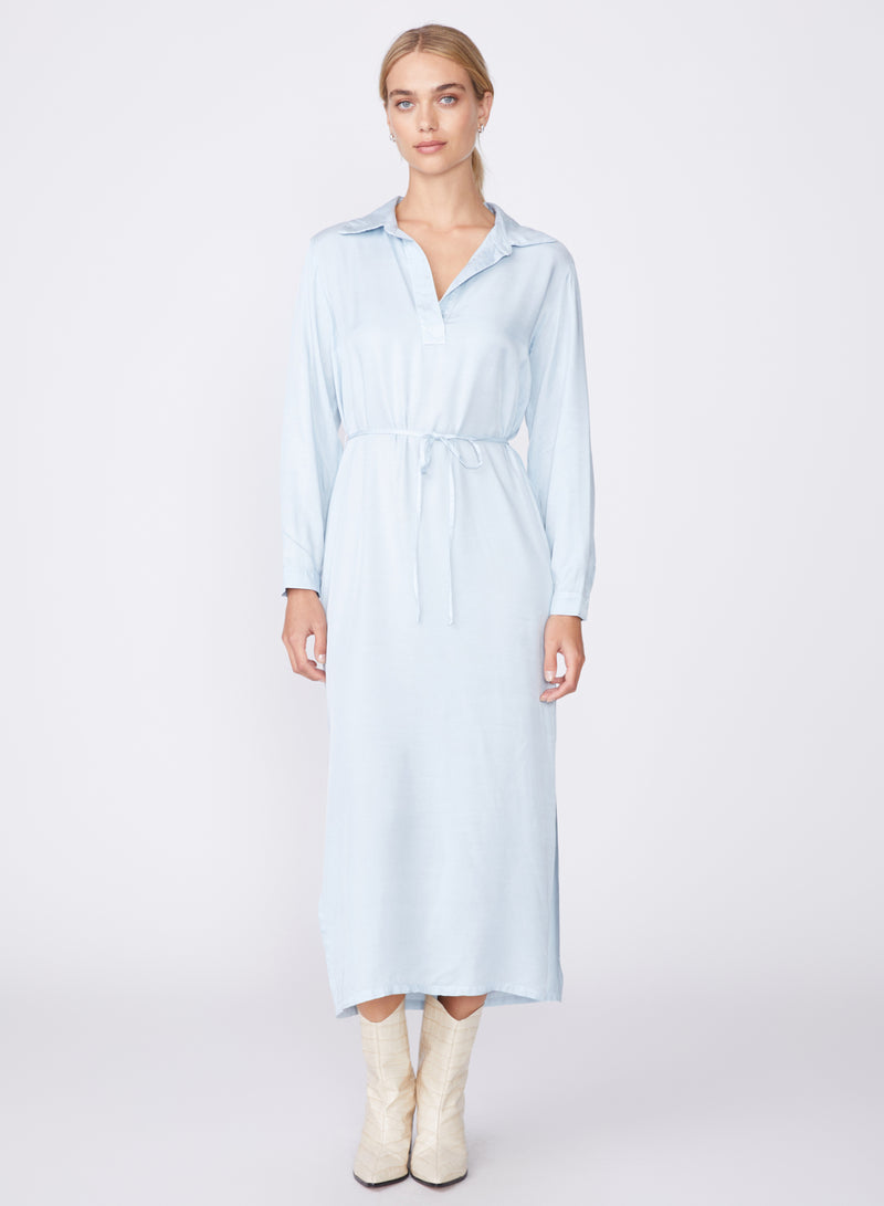 light blue viscose satin henley maxi dress