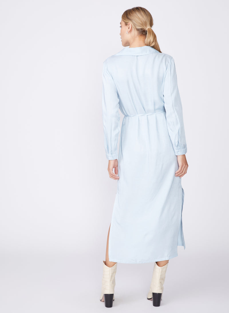 light blue viscose satin henley maxi dress
