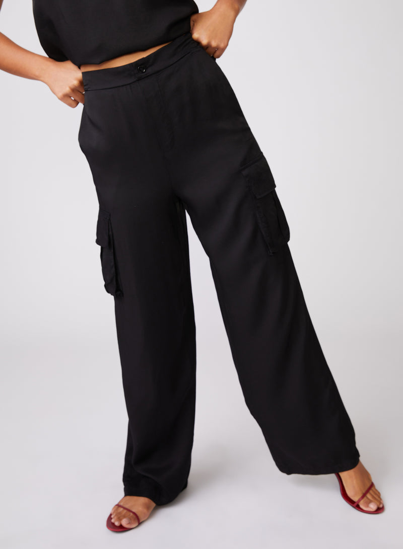 Viscose Satin Cargo Pant in Black - front full view with button at waist