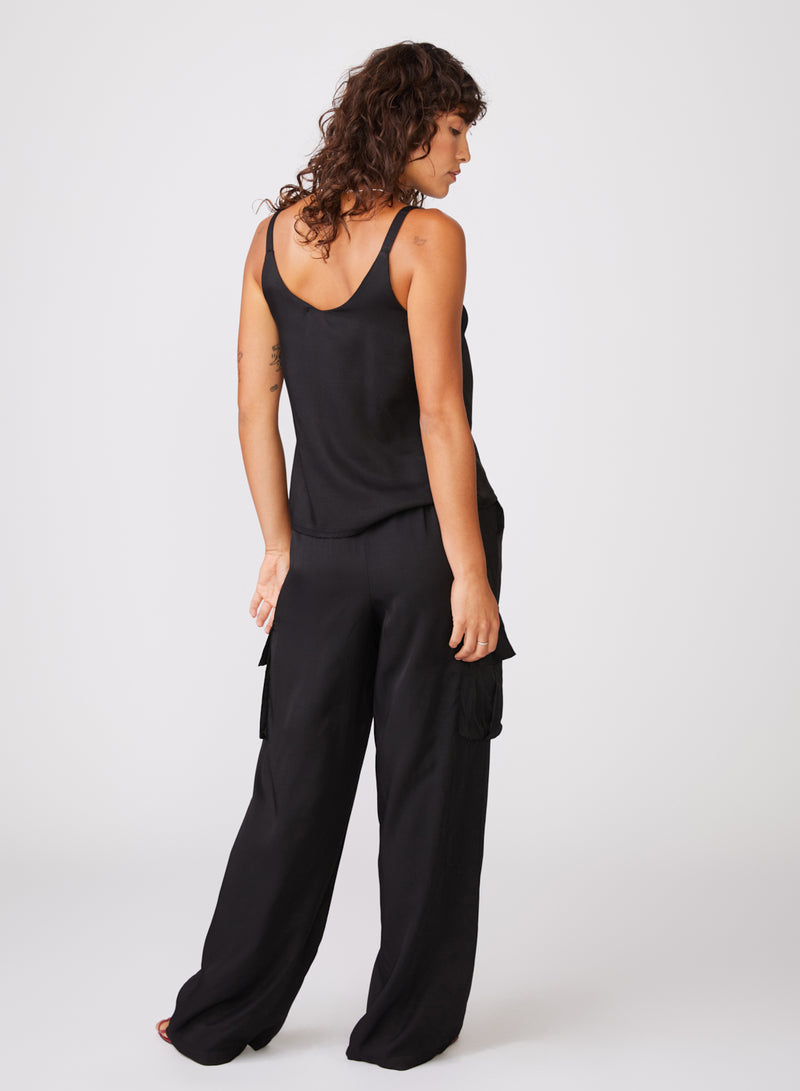 Viscose Satin Cargo Pant in Black - back view