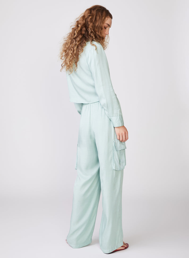 Viscose Satin Cargo Pant in Honeydew - back 3/4 view