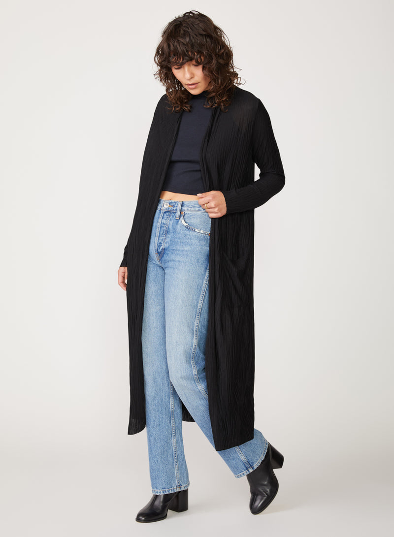 black knit plisse long cardigan