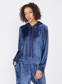 blue bamboo velour hoodie - front view standing