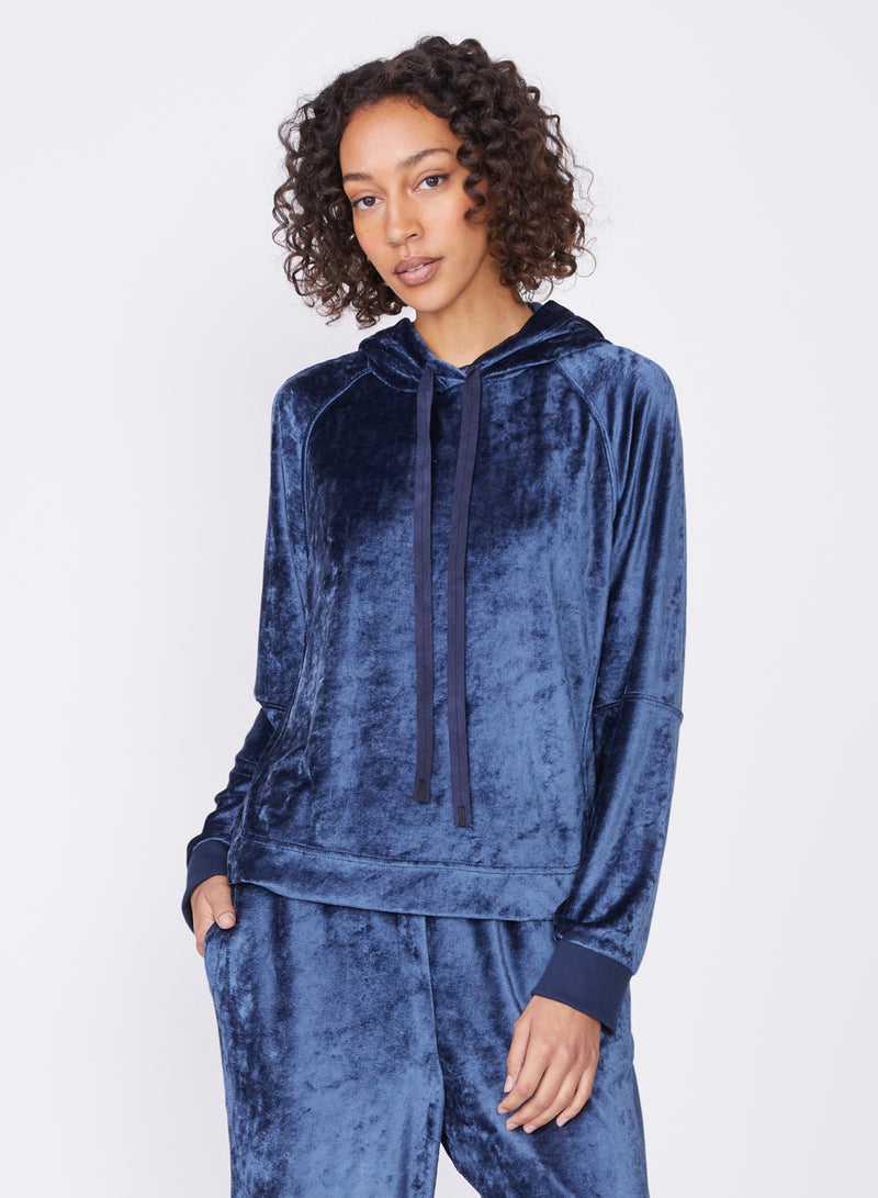 blue bamboo velour hoodie - front view standing