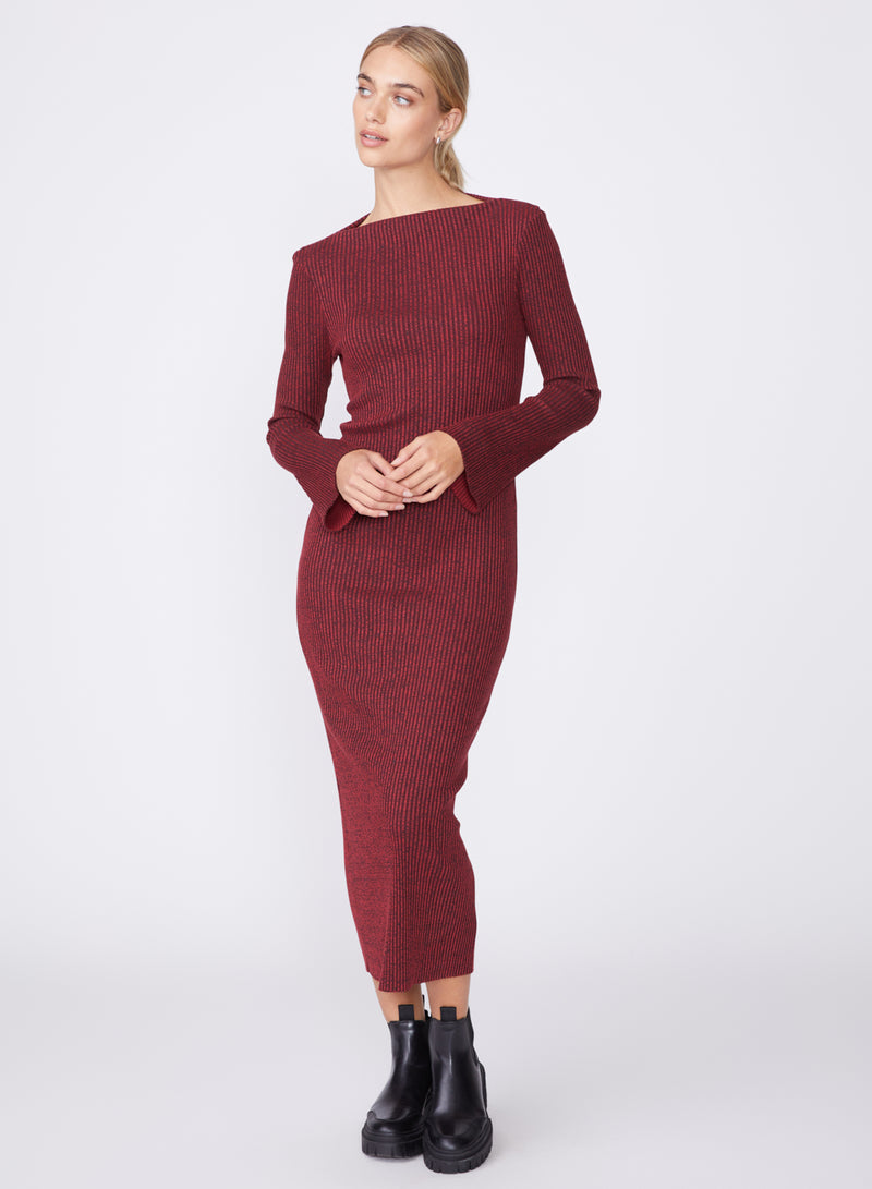 red ribbed midi dress - front hands at waist