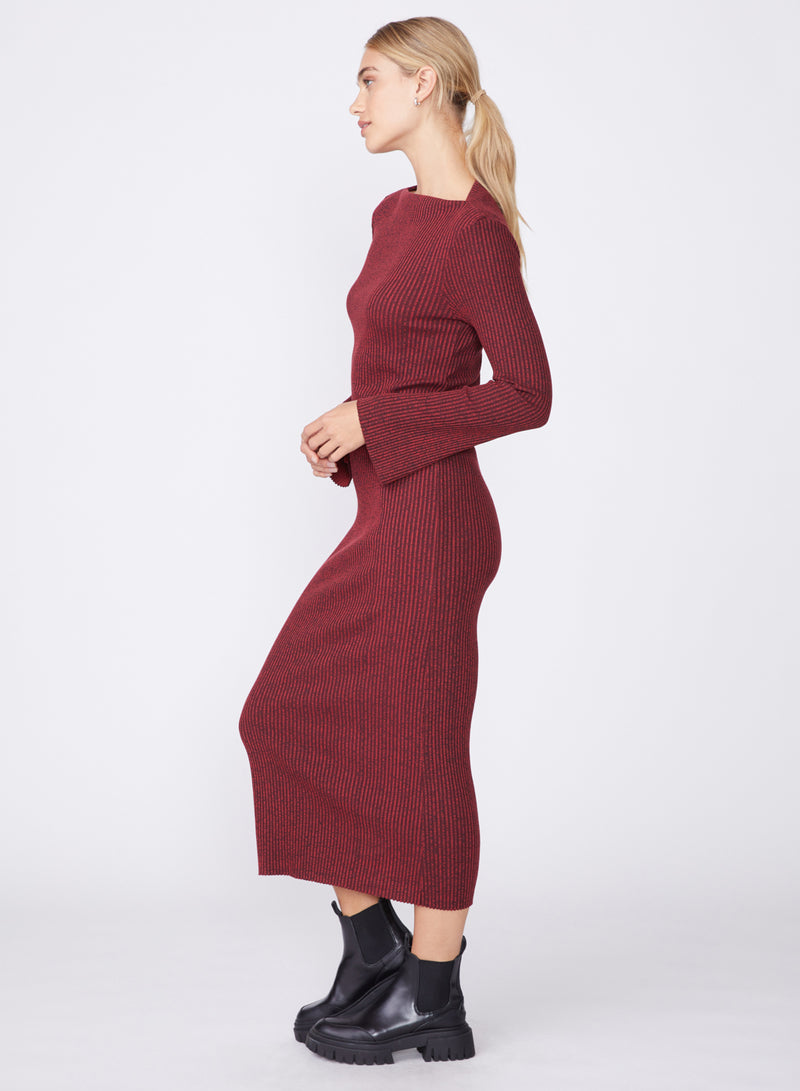 red ribbed midi dress - side standing