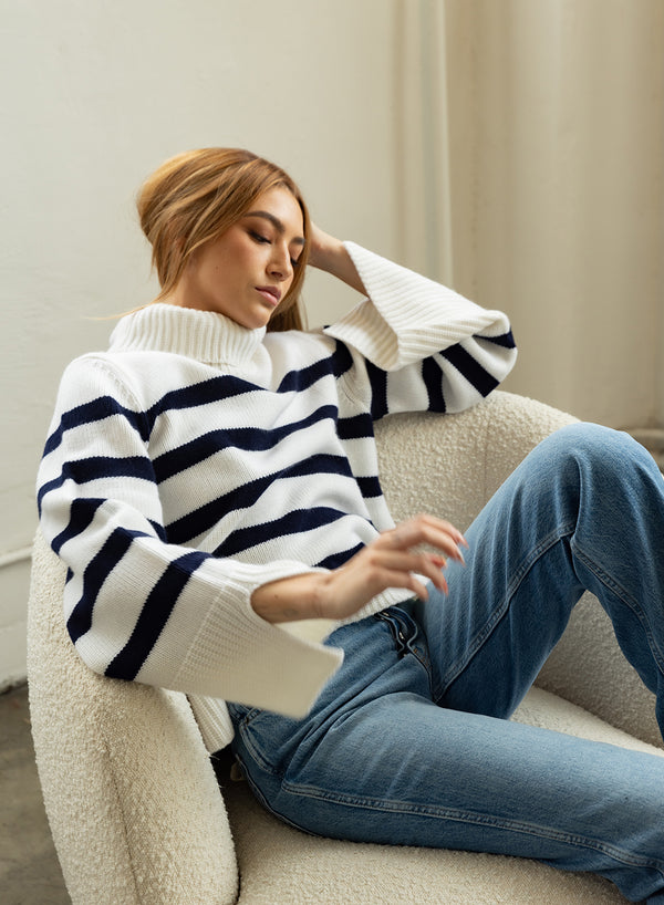 cream + navy stripe turtleneck sweater