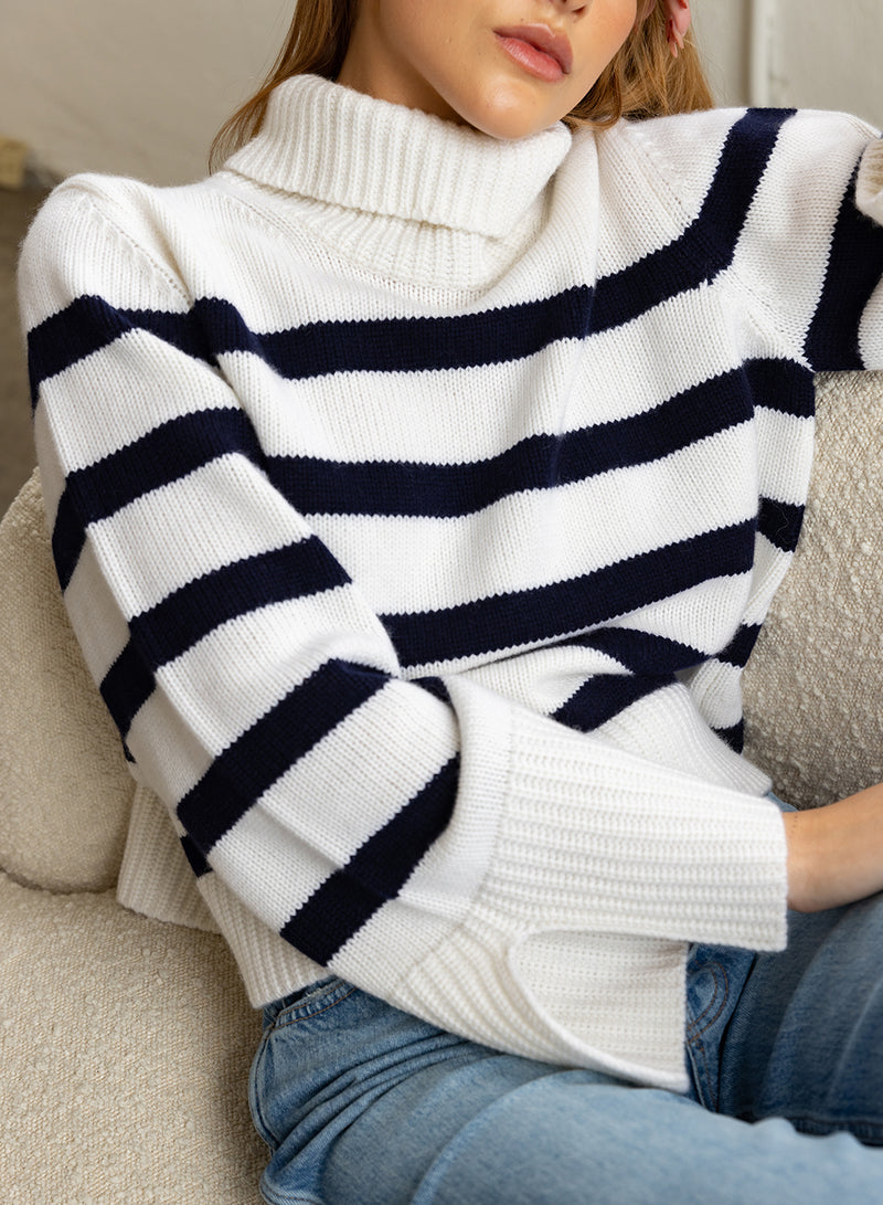 cream + navy stripe turtleneck sweater
