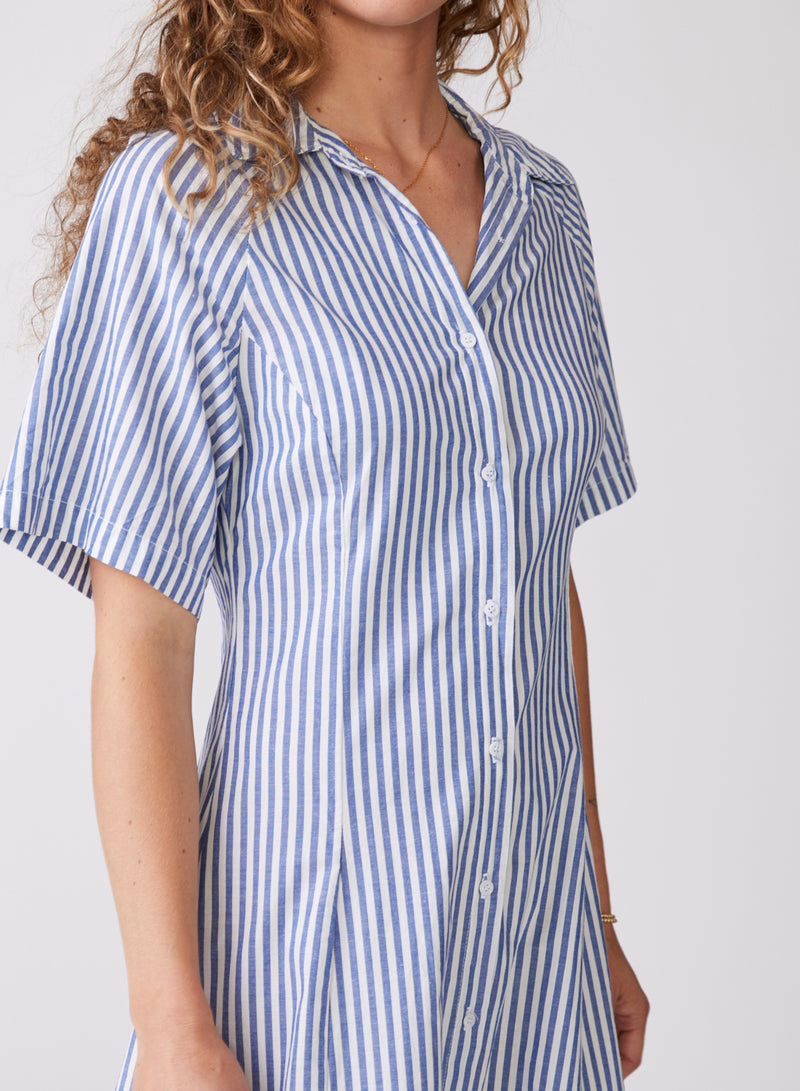 Stateside Stripe Poplin Maxi Shirt Dress in Denim - front close up