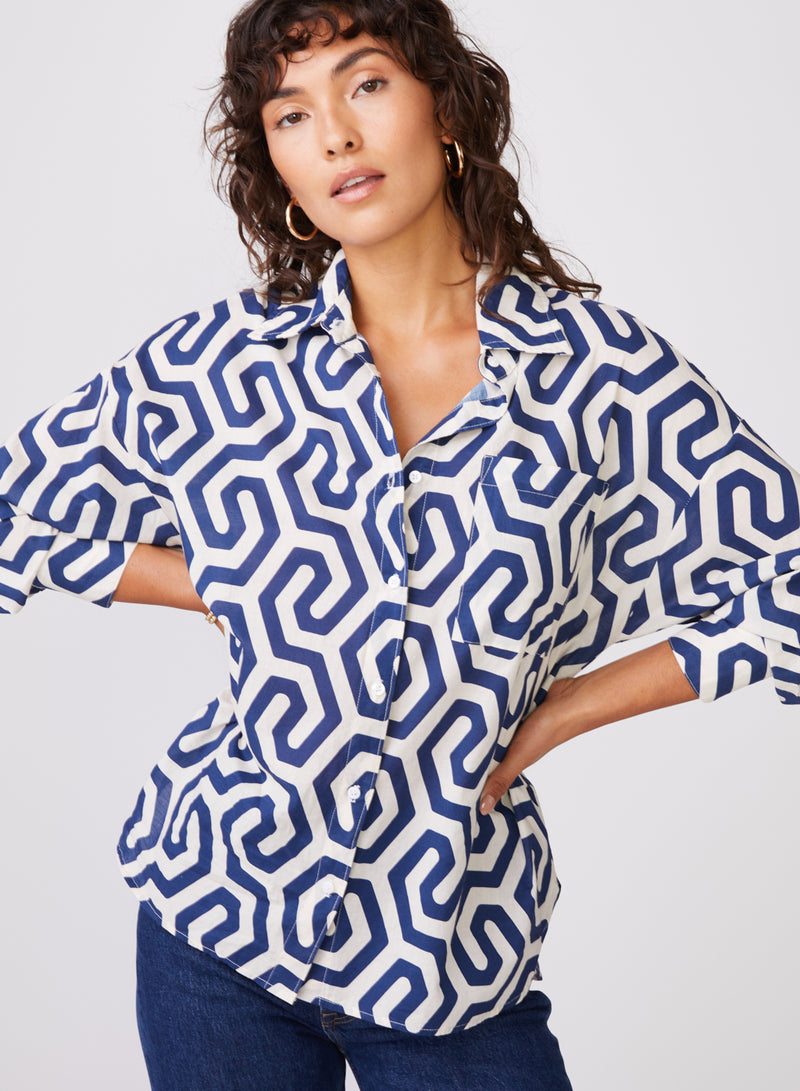 Geo Print Voile Oversized Shirt in New Navy - front close up