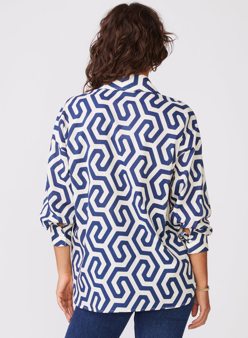 Geo Print Voile Oversized Shirt in New Navy - back