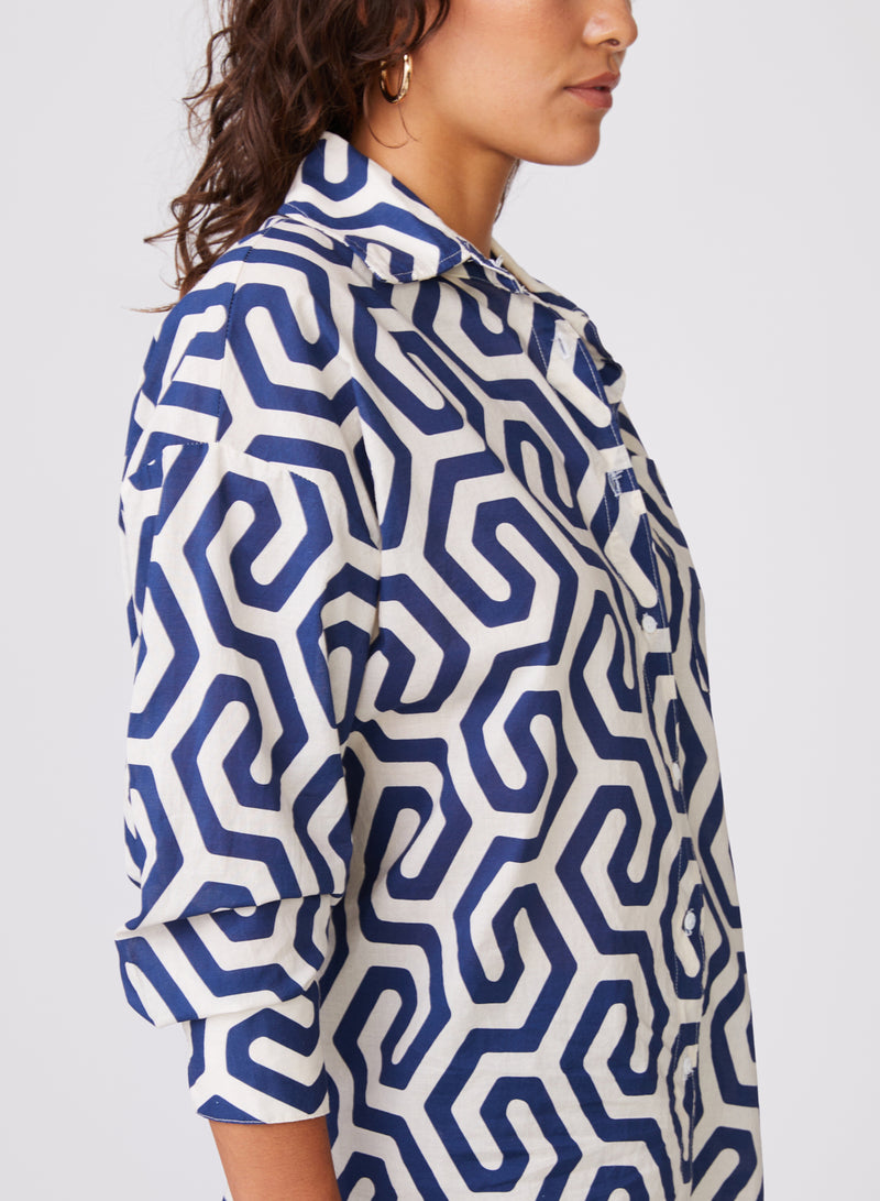 Geo Print Voile Oversized Shirt in New Navy - right side close up