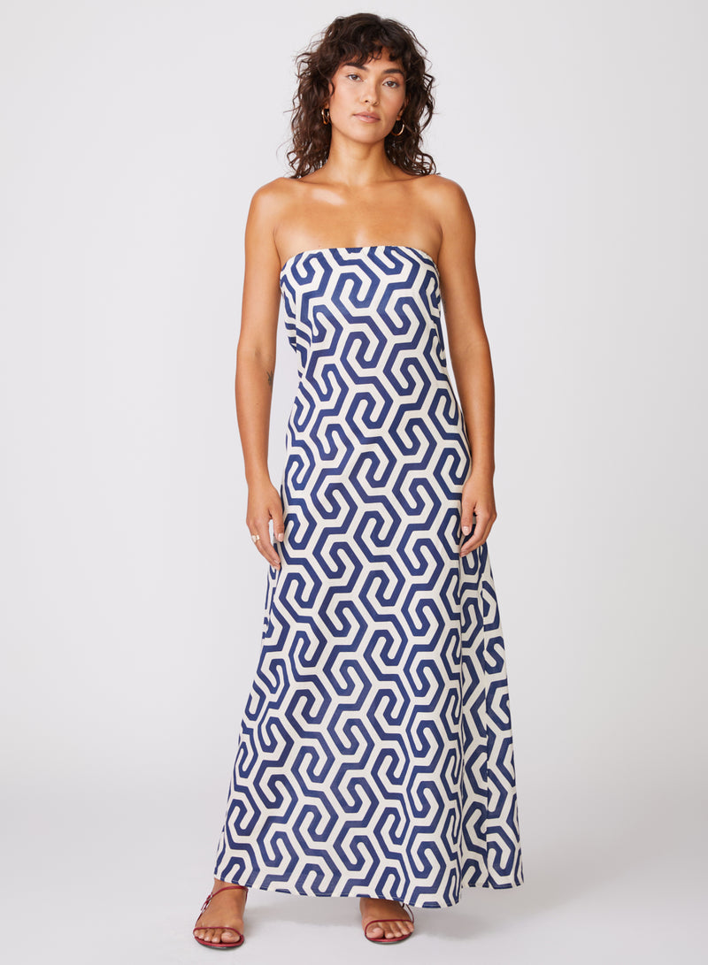 Geo Print Voile Biased Cut Column Dress in New Navy - front full length
