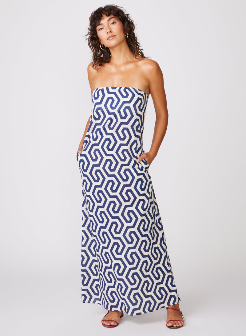 Geo Print Voile Biased Cut Column Dress in New Navy - right side leaning