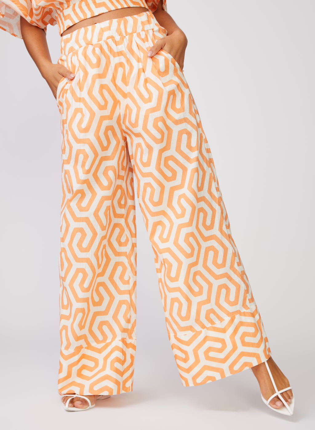 Geo Print Voile Wide Leg Pant in Cantaloupe