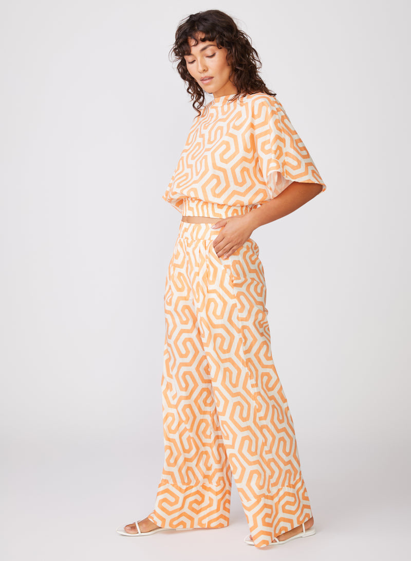 Geo Print Voile Wide Leg Pant in Cantaloupe - left side
