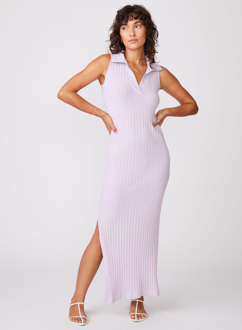 Stateside Farmboy Rib Sleeveless Collared Maxi Dress in Lilac - front with side slit