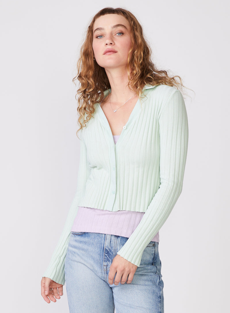 Stateside Farmboy Rib Cropped Collared Cardigan in Honeydew - front  close up with lilac tee under