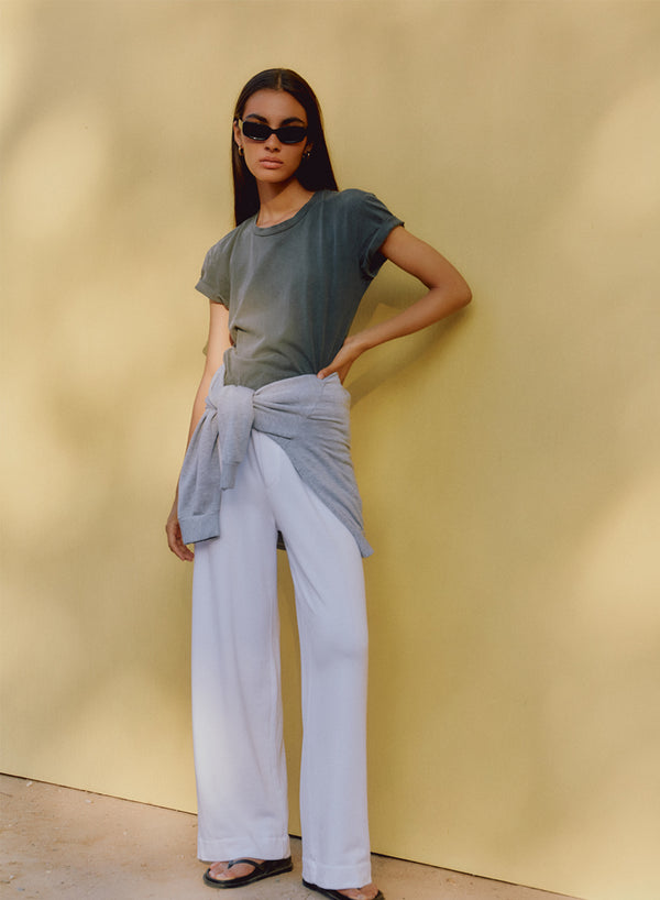 Softest Fleece Snap Wide Leg Pant in White - full view paired with sweatshit tied at waist
