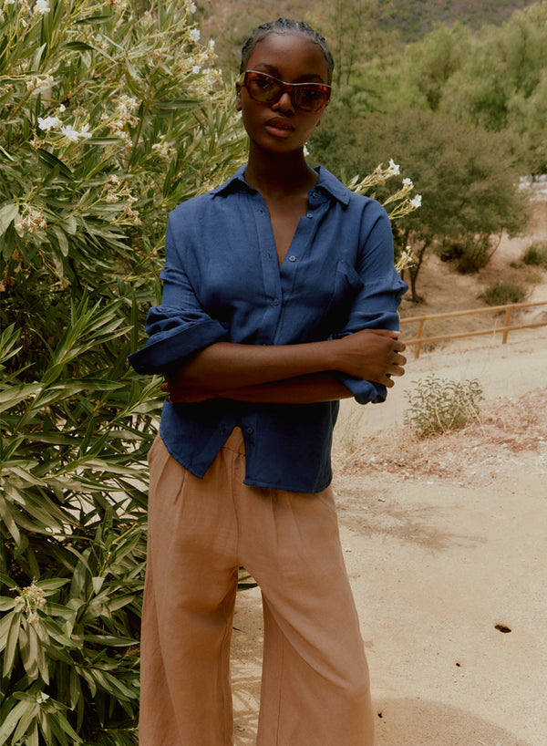 Stateside Linen Oversized Shirt in Denim - front arms