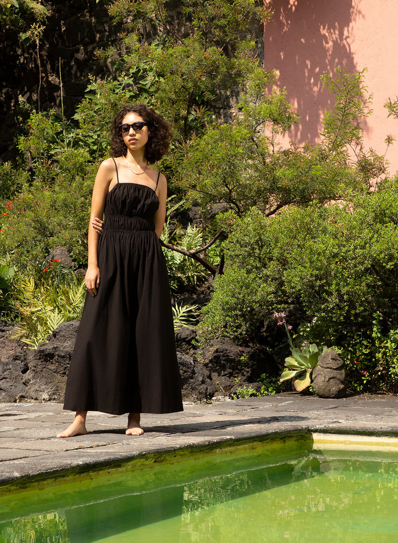 black smocked tank maxi dress