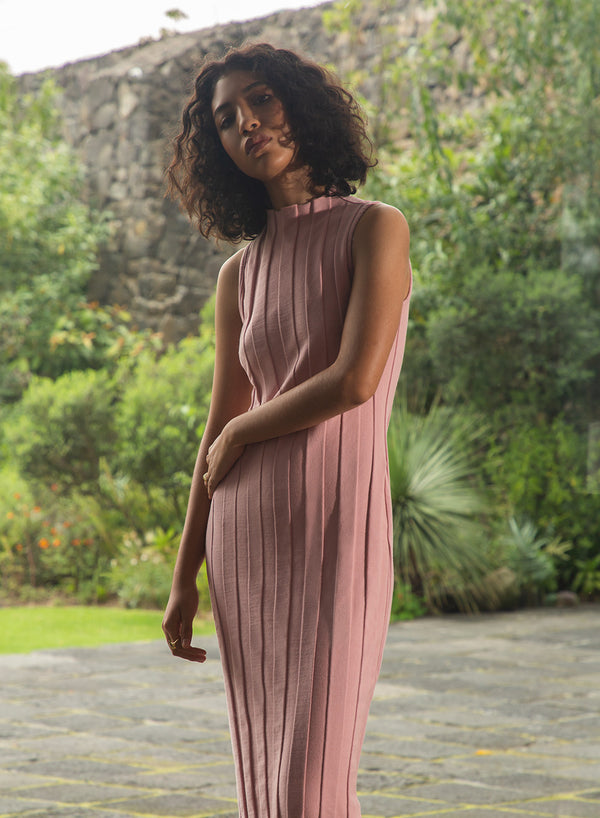 Stateside Box Pleat Mock Neck Midi Dress in Chalk Pink - 3/4 front view