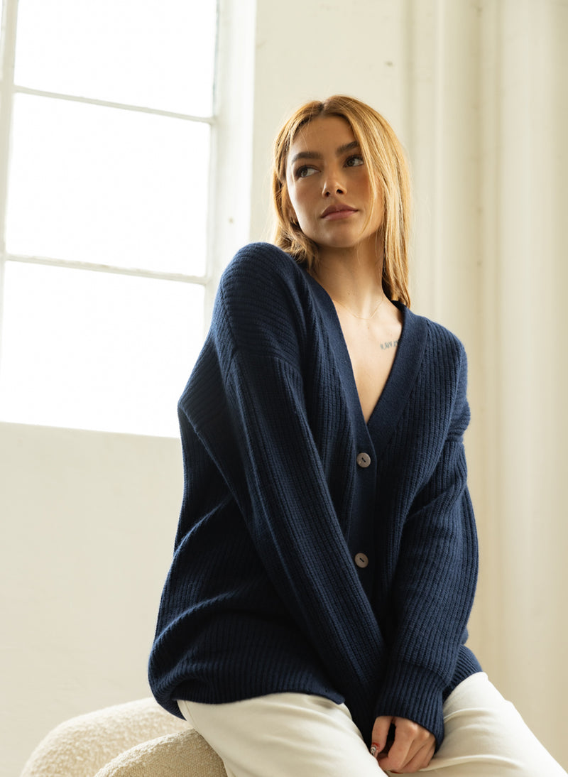 Ribbed Cashmere Oversized Cardigan Sweater in New Navy