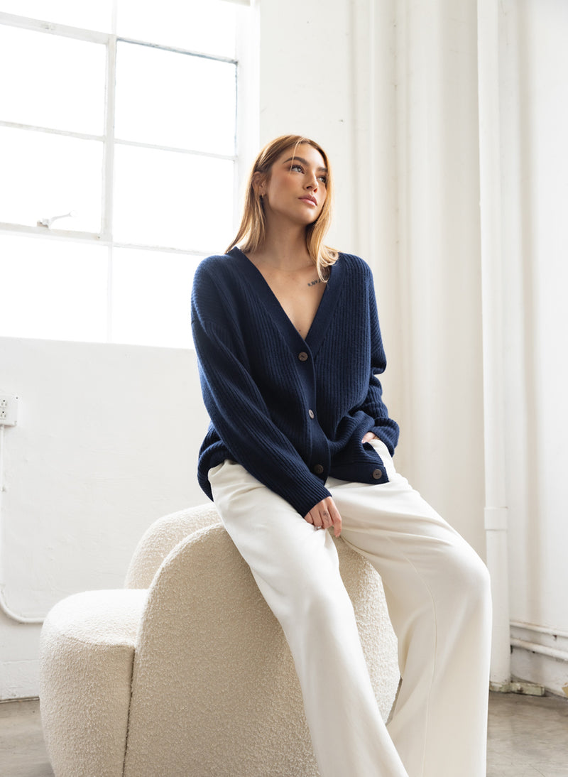 Ribbed Cashmere Oversized Cardigan Sweater in New Navy