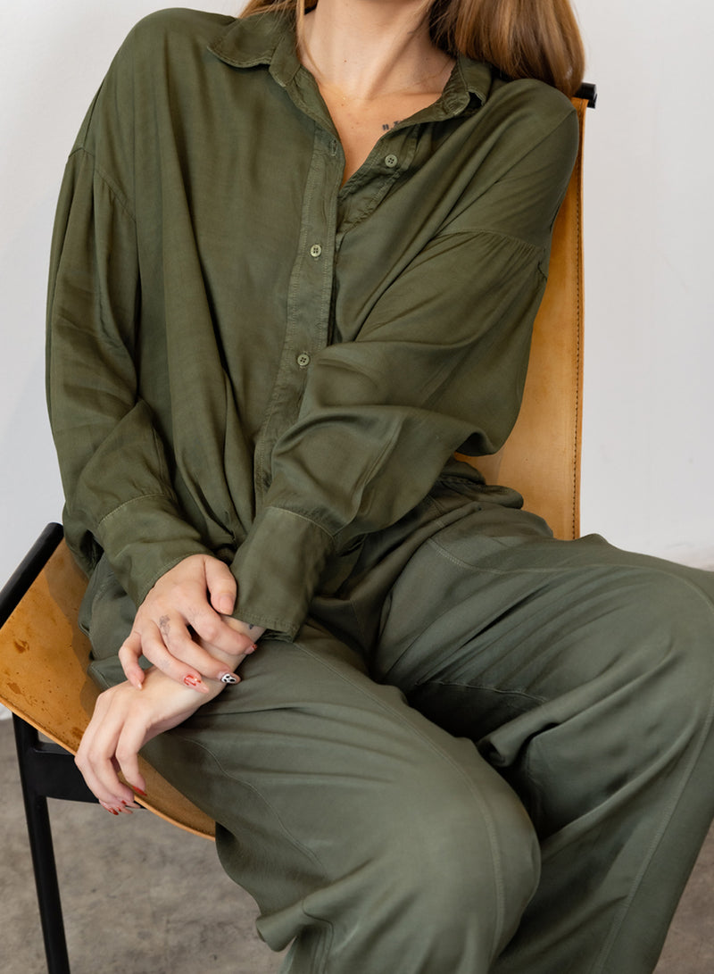 Viscose Satin Pull-On Trouser in Artichoke