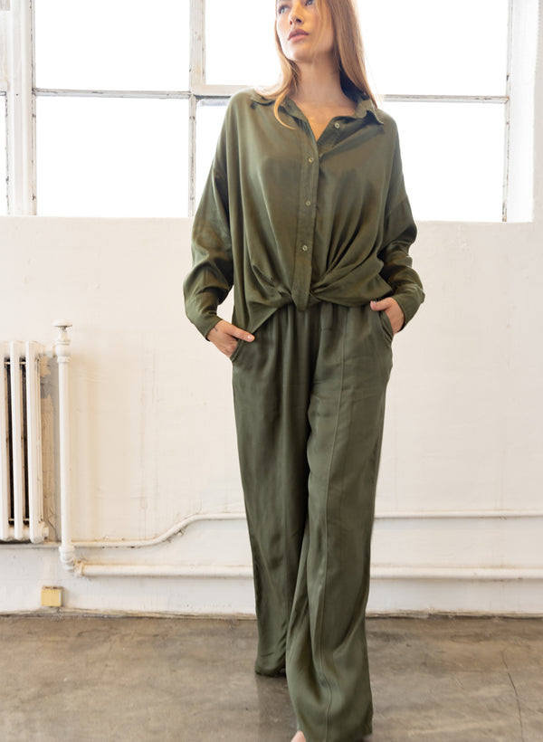 Viscose Satin Pull-On Trouser in Artichoke