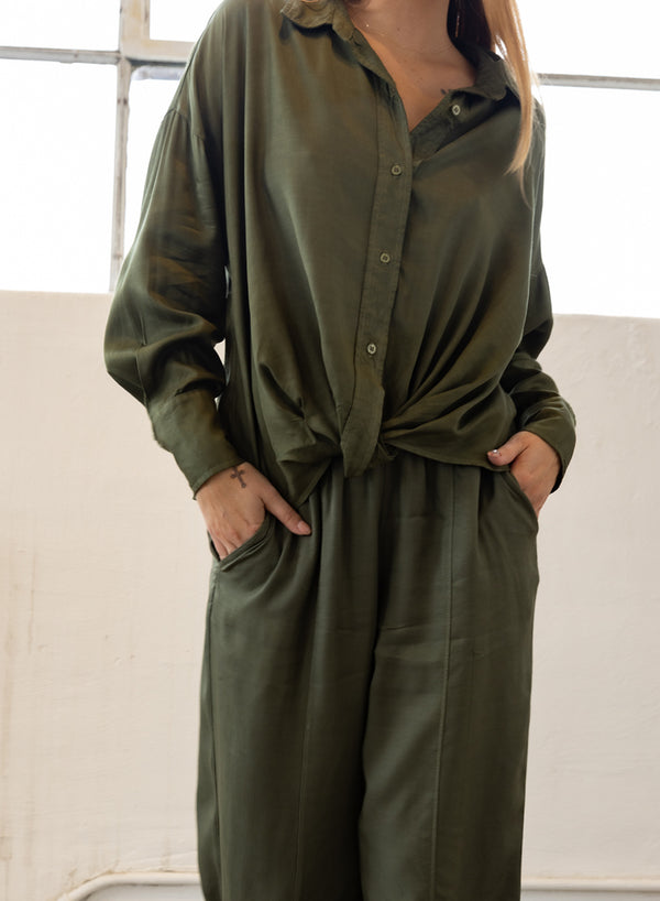 Viscose Satin Pull-On Trouser in Artichoke