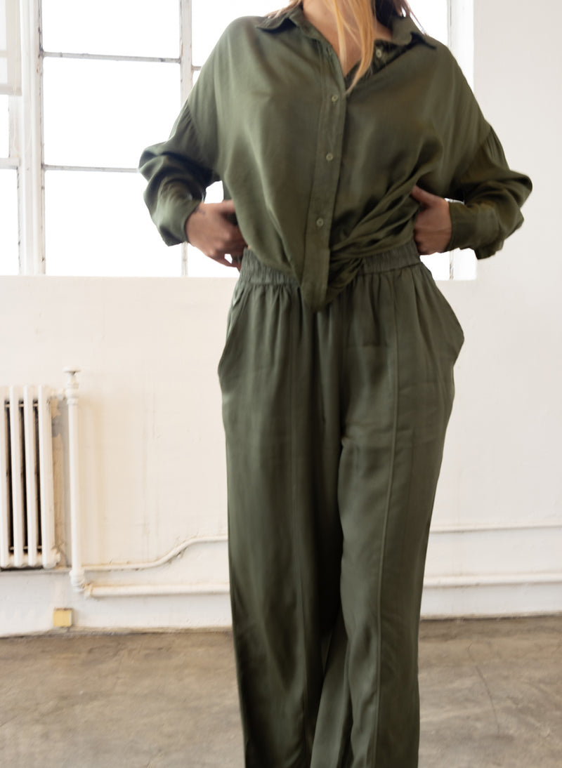 Viscose Satin Pull-On Trouser in Artichoke