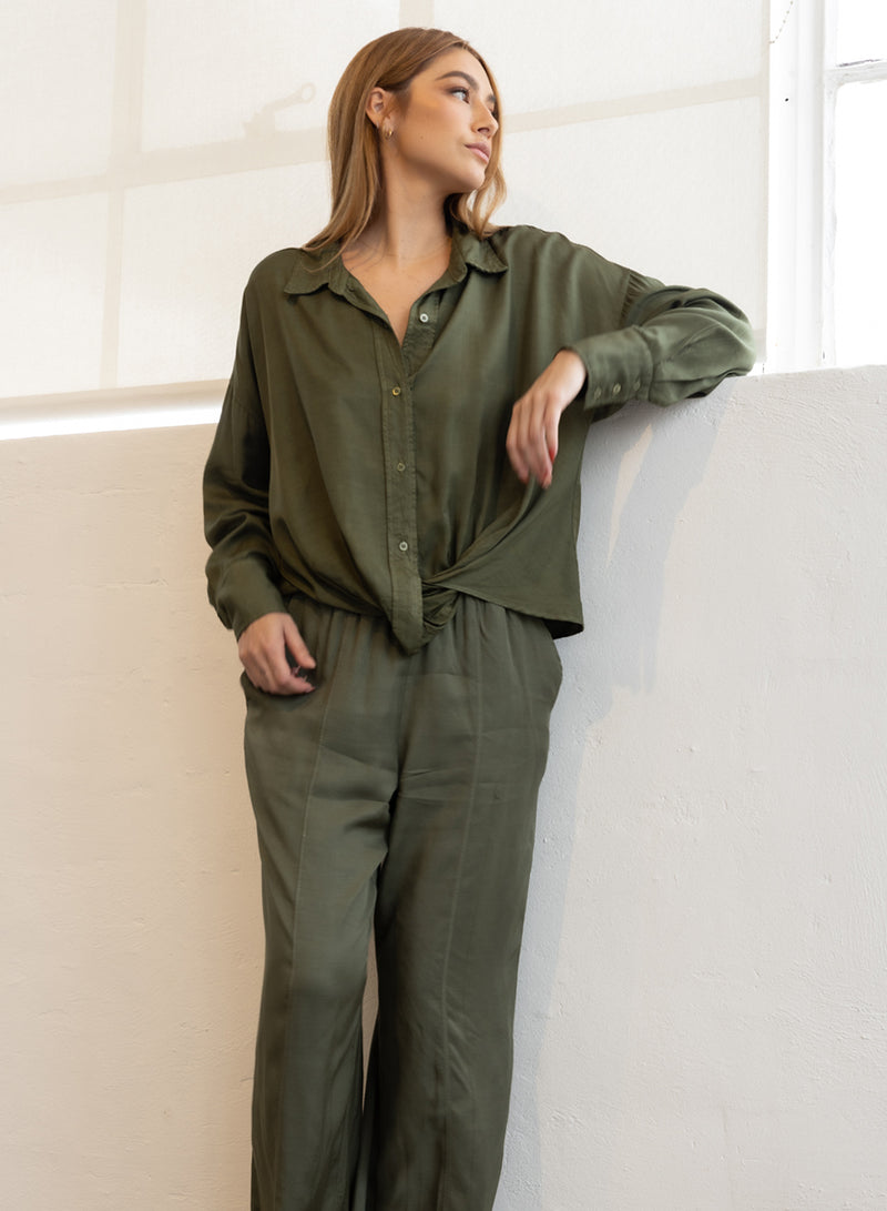 Viscose Satin Pull-On Trouser in Artichoke