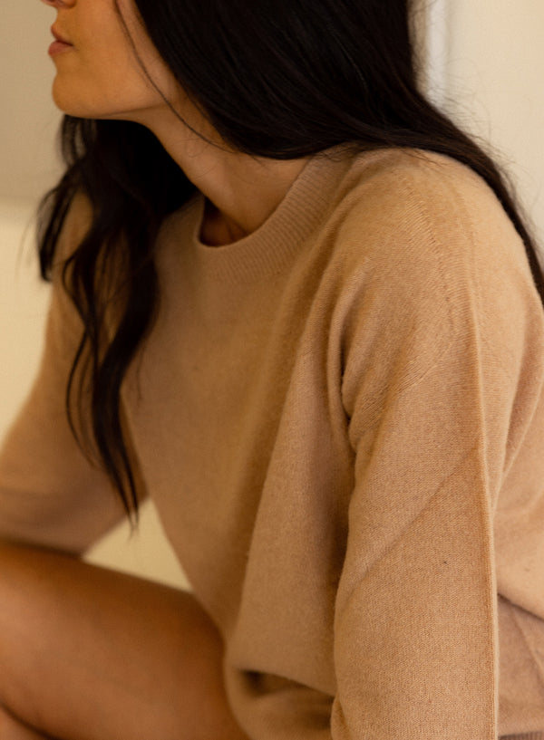 Brushed Cashmere Crew Sweater in Camel